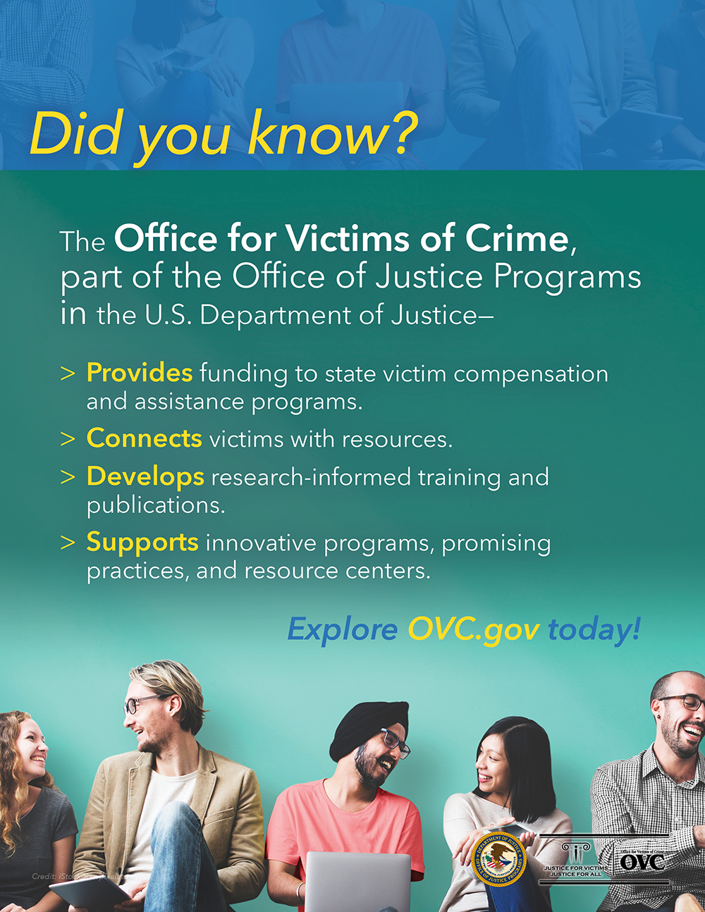 Did you know? • The Office for Victims of Crime of the U.S Department of Justice- ⁃Provides funding to state victim compensation and assistance programs. ⁃Develops research-informed training and publications. ⁃Supports innovative programs and promising practices. ⁃Connects victims with resources. • Explore OVC.gov today!